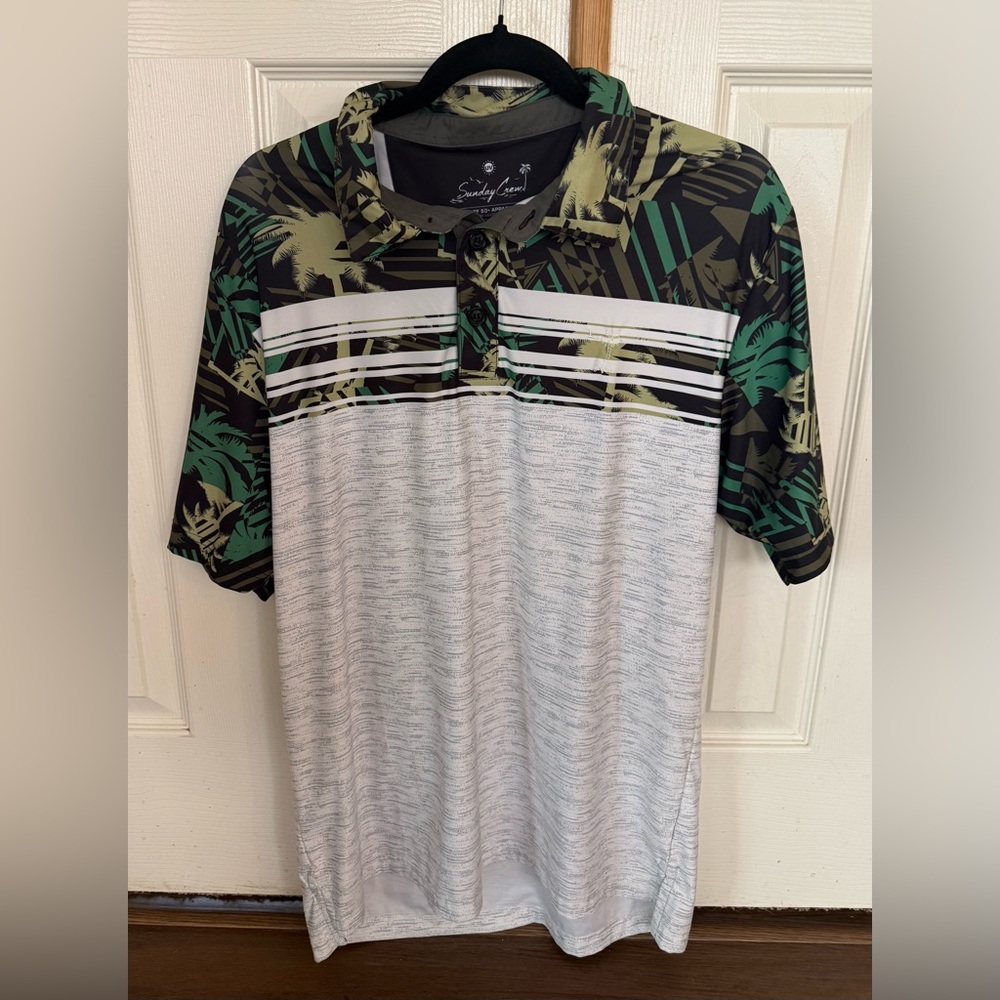 Sunday Crew Tropical Palm Print Golf Polo Shirt Medium